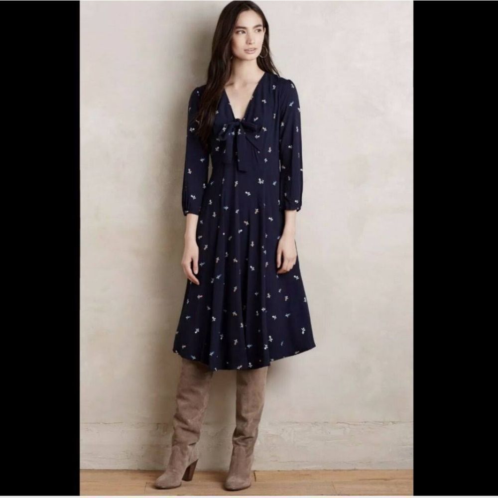 Anthropologie Moth Navy‎ Blue Floral Tie Front Midi Dress Long Sleeve Pockets